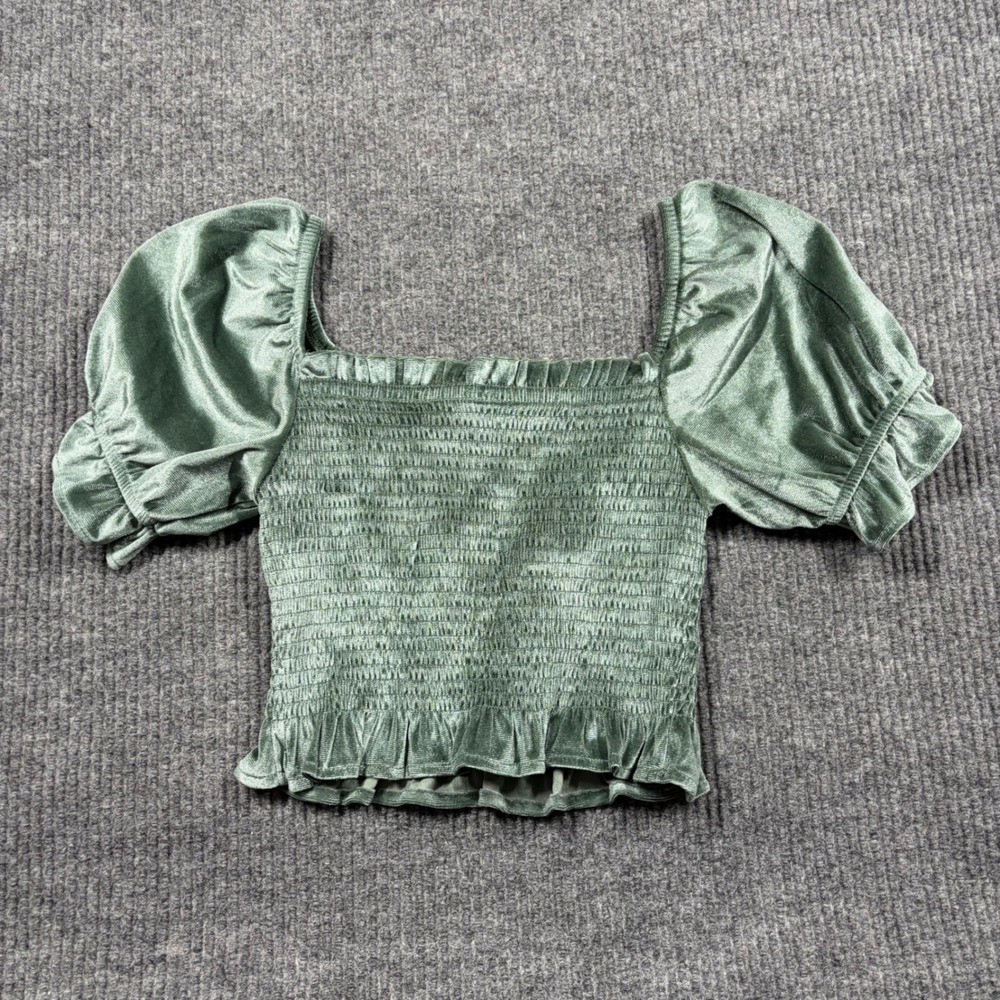 Rewind Top Women's Small Green Velvet Smocked Puff Sleeve